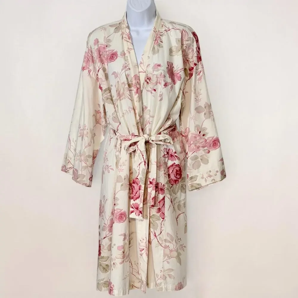 Vintage 90s Floral Cotton Kimono Robe Cottagecore Wrap Duster Mas d’Ouvan Paris - Picture 2 of 11